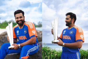 Mission Accomplished: Skipper Rohit Sharma poses with trophy, Check latest pictures