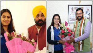 Olympic medal winners Manu Bhakar, Sarabjot Singh call on Haryana & Punjab CMs