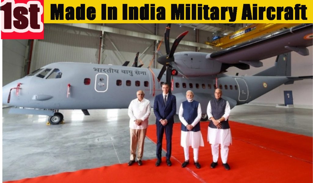 PM Modi Spanish PM Pedro Sanchez And Defence Minister Rajnath Singh With Indian Made first Military Aircraft