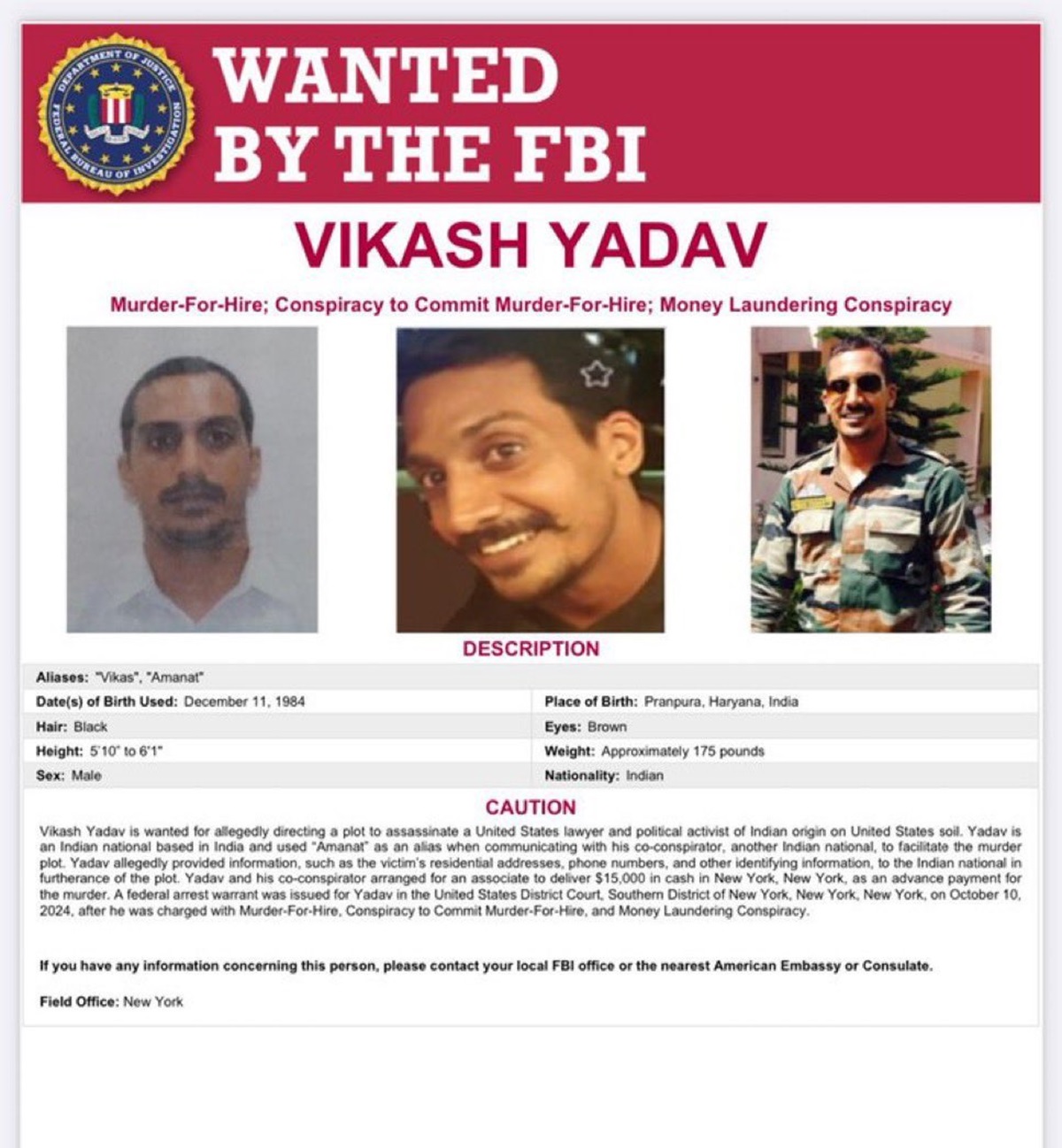 FBI Declare Vikash Yadav Wanted 