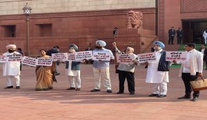 Punjab Congress MPs stage protest in Parliament complex in support of farmers