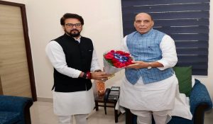 Former Minister and MP from Hamirpur Anurag Thakur meets Union Defence Minister Rajnath Singh
