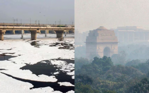 AQI reaches ‘severe plus’ level, toxic foam seen floating on Yamuna River in Kalindi Kunj
