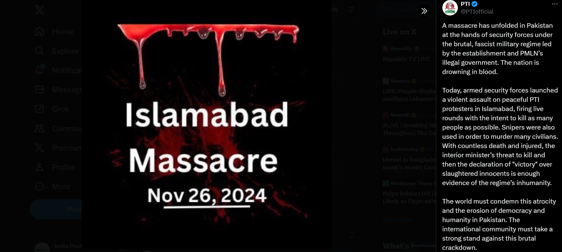 Pakistan: Imran Khan’s party condemns state-sponsored violence at its rally