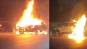 Faridabad: After collision with bike Car catches fire on Delhi-Vadodara Expressway