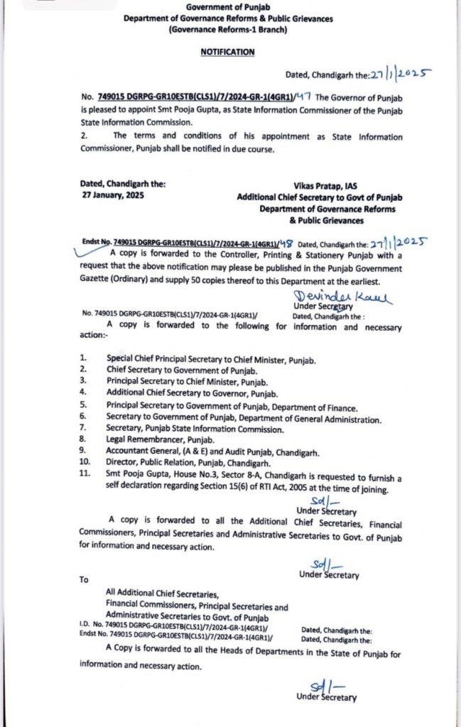 Punjab Govt Appointed Pooja Gupta as State Information Commissioner in Punjab