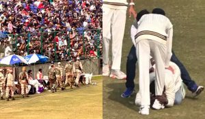 Fan breaks security to meet Virat during Ranji Match; touches his feets