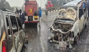Karnal: CNG Wagon R car catches fires, burnt to ashes in minutes