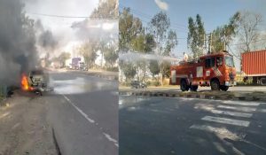 Moving car catches fire in Panipat, driver jumps out to save life
