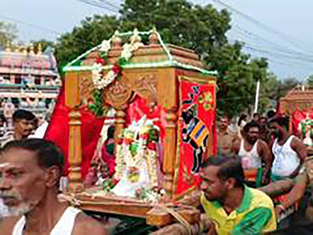 Golden Palanquins of deities taken in procession, devotees welcomed with refreshments