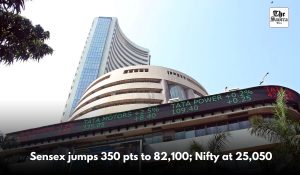 Sensex surges 350 points to 82,100; Recovers 650 points from day’s low; Nifty at 25,050