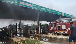 Haryana: Uncontrolled trailer hits toll booth divider, causes huge fire