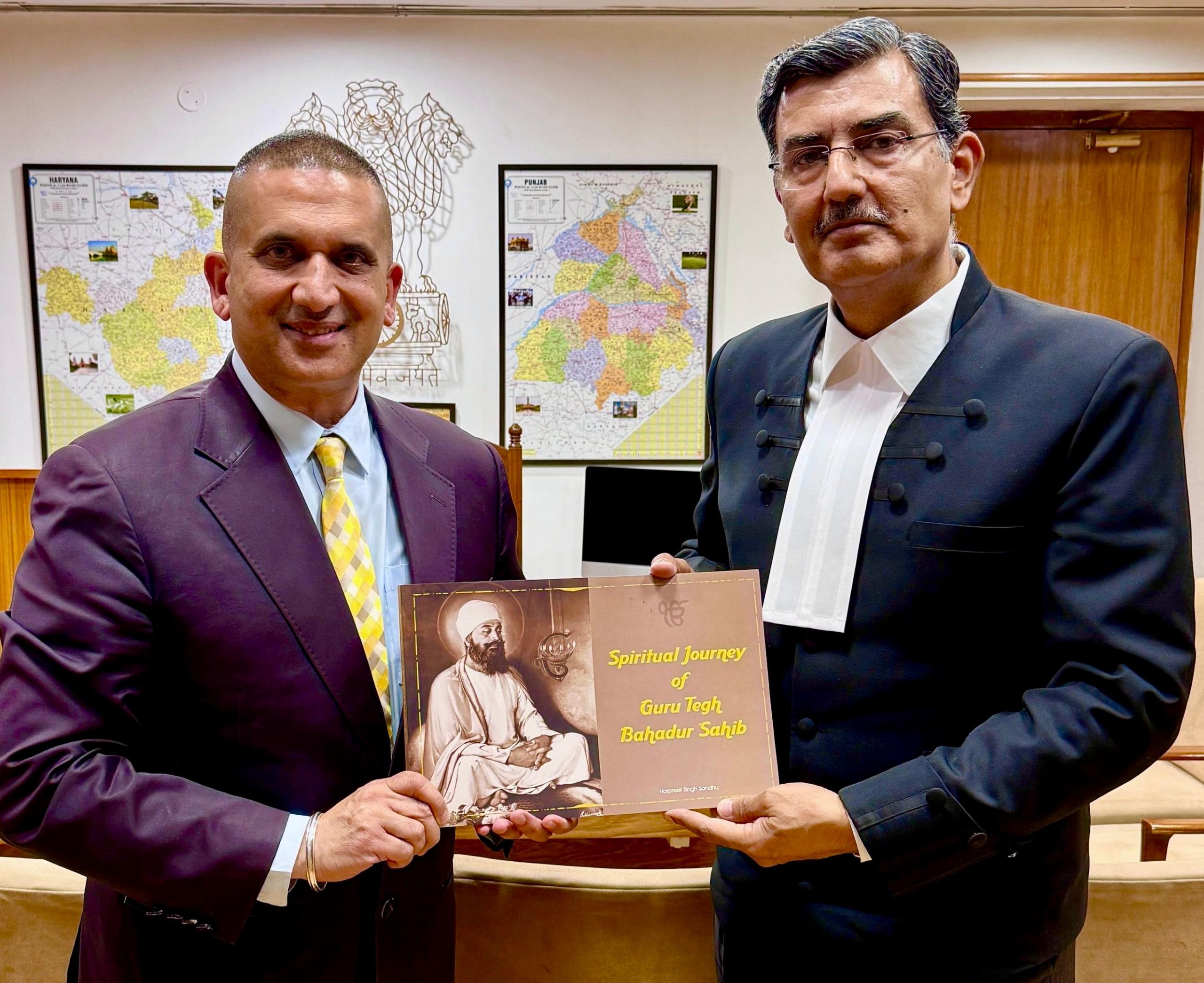 Punjab SIC Harpreet Sandhu Presents Book on Guru Tegh Bahadur Sahib to Chief Justice Sheel Nagu