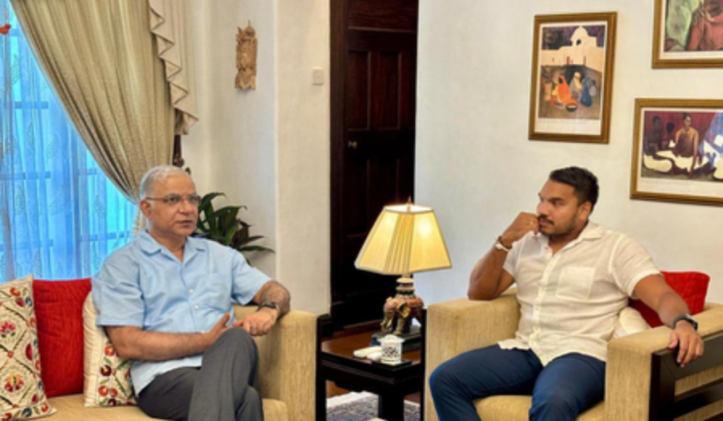 Sri Lankan MP Namal Rajapaksa met Indian High Commissioner Santosh Jha to thank India for its continued cyclone relief under Operation Sagar Bandhu.