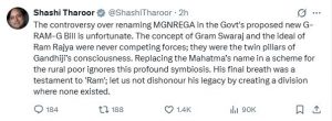 ‘Respect Gandhian Legacy’: Tharoor calls MGNREGA renaming row ‘unfortunate'