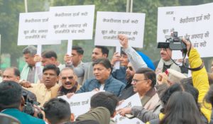 ‘Insulting, mislead public’: BJP protests outside Delhi Assembly against Kejriwal’s ‘dog-counting’ claim