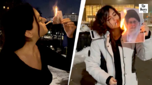 Iran Women Light Cigarettes With Burning Khamenei Photos