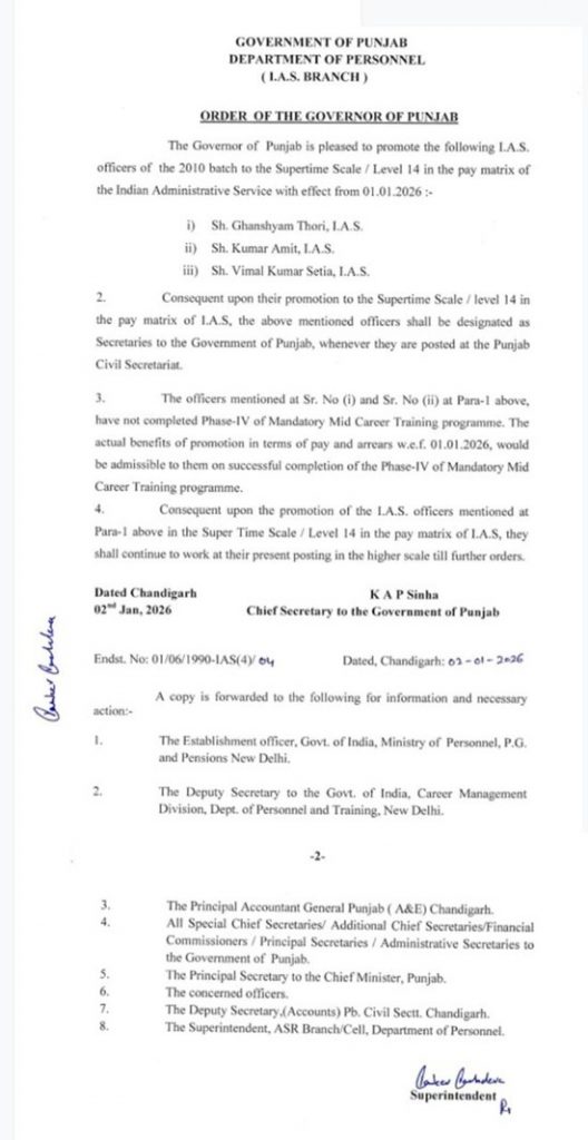 Punjab Government Promotes Three IAS Officers to Supertime Scale
