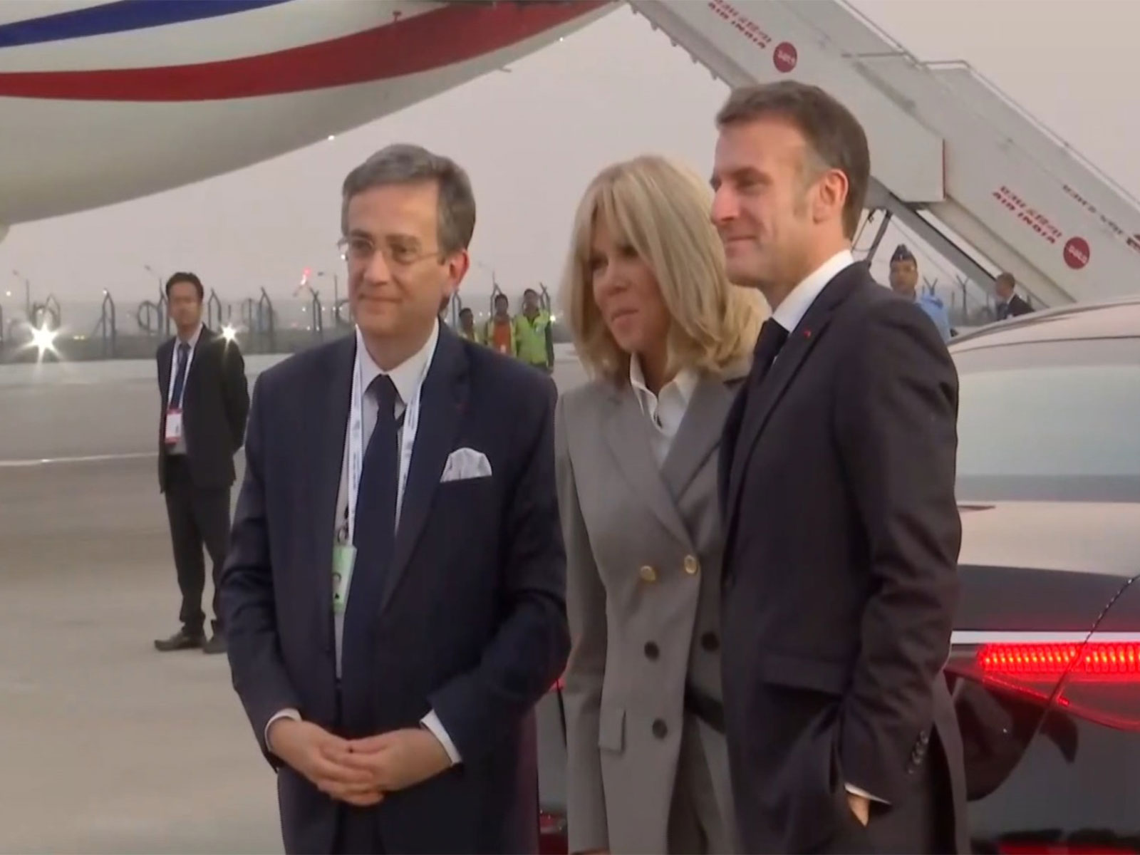 French President Emmanuel Macron departs from Delhi Airport after concluding India visit