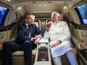 PM Modi shares ride with French President Macron en route to India-France Innovation Forum after meeting
