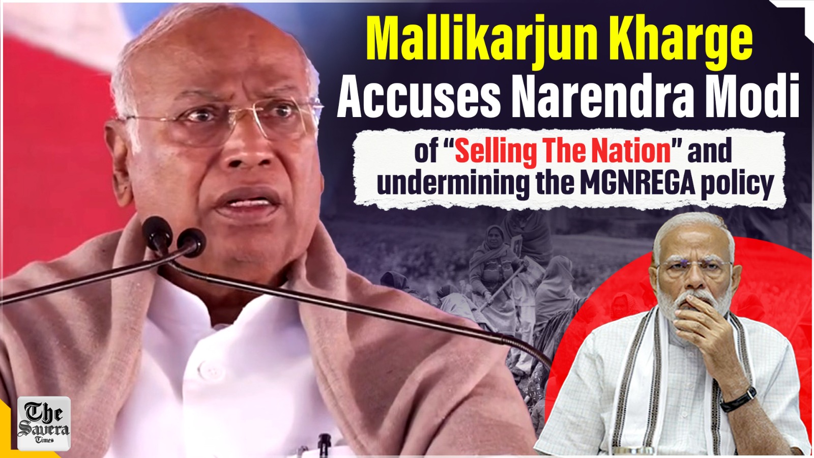 Mallikarjun Kharge says, "Narendra Modi is 'Surrender Modi,' bowing his head before Trump."