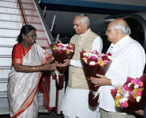 Gujarat Guv, CM Patel accord warm welcome to Prez Murmu at Ahmedabad Airport 