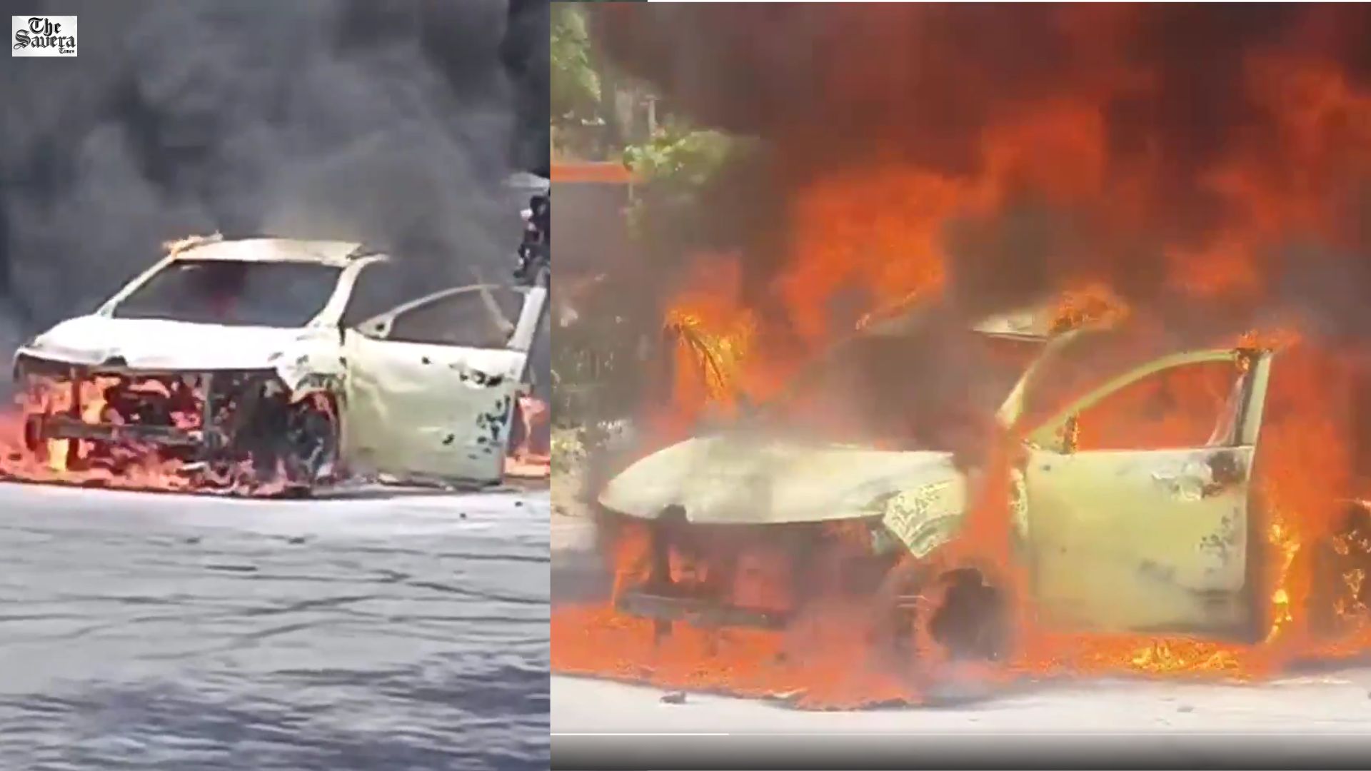 Car catches fire on Delhi’s Mehrauli-Badarpur Road near Lado Sarai, two escape safely