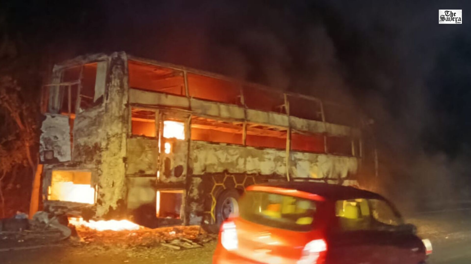 Private Travel Bus Catches Fire on Vijayawada Highway in Telangana, No Injuries Reported