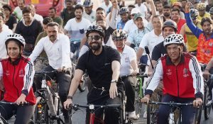 Ayushmann Khurrana joins Union Sports Minister at 75th Fit India Sundays cycle event in Ahmedabad