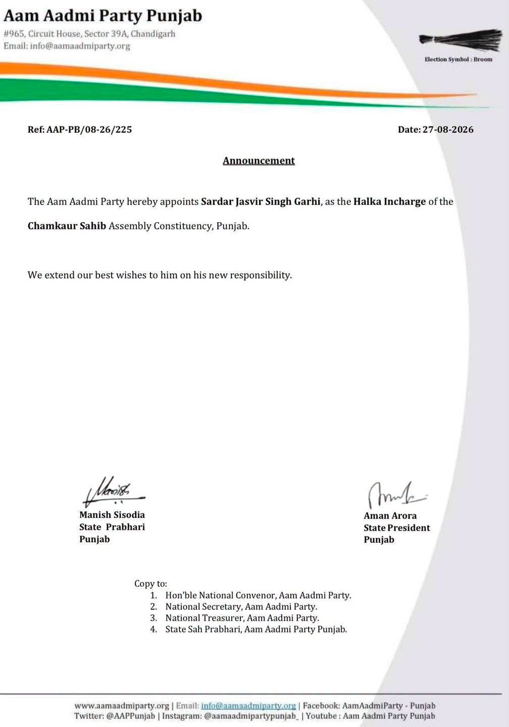 AAP Appoints Jasvir Singh Garhi as Halqa Incharge of Chamkaur Sahib