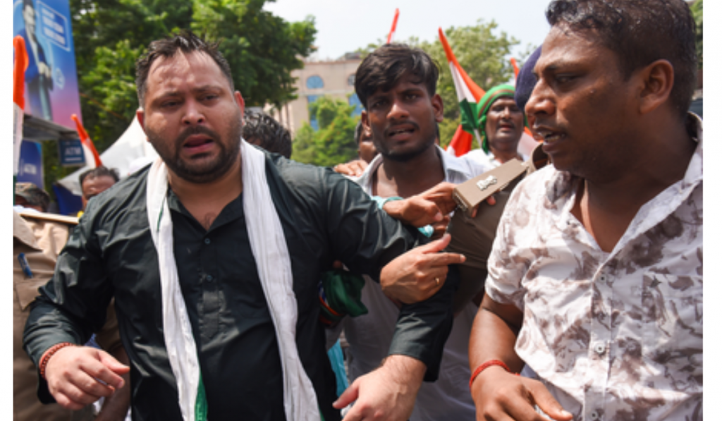 Tejshwai Yadav detained during protest march in Patna; water cannon used to disperse RJD supporters