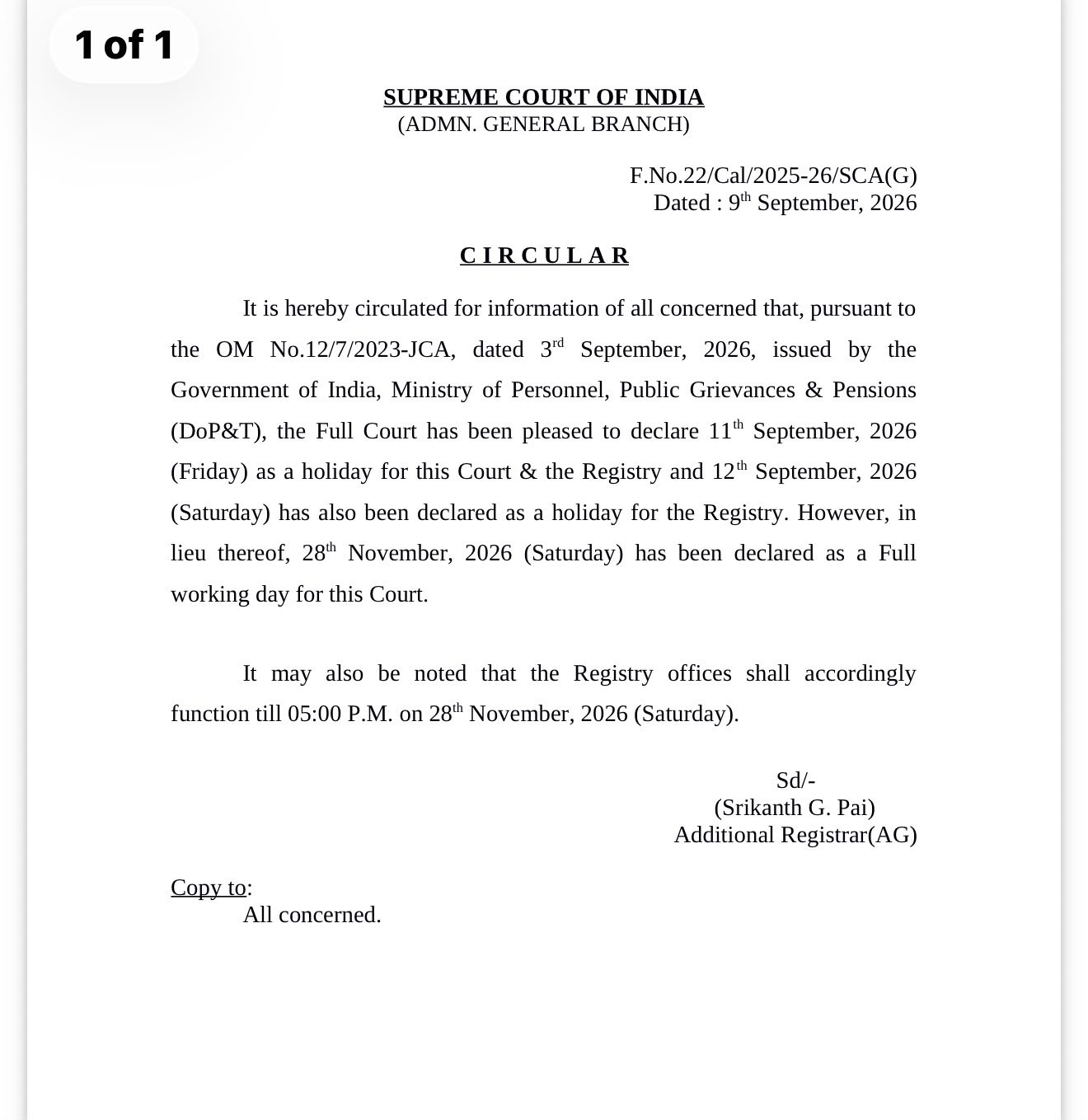 Supreme Court Declares September 11-12 Holiday, November 28 Full Working Day